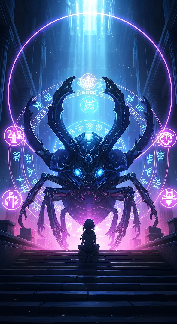 Giant Mechanical Beetle Guardian with Neon Magic Runes