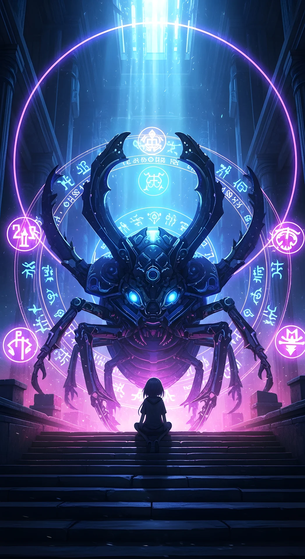 Giant Mechanical Beetle Guardian with Neon Magic Runes - Free 4K mobile Wallpaper
