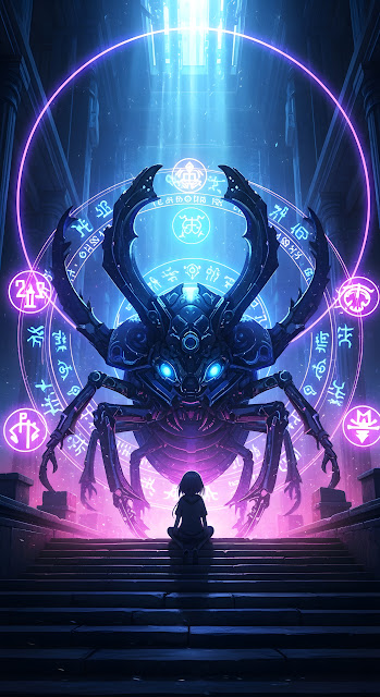 Giant Mechanical Beetle Guardian with Neon Magic Runes - Free mobile Wallpaper