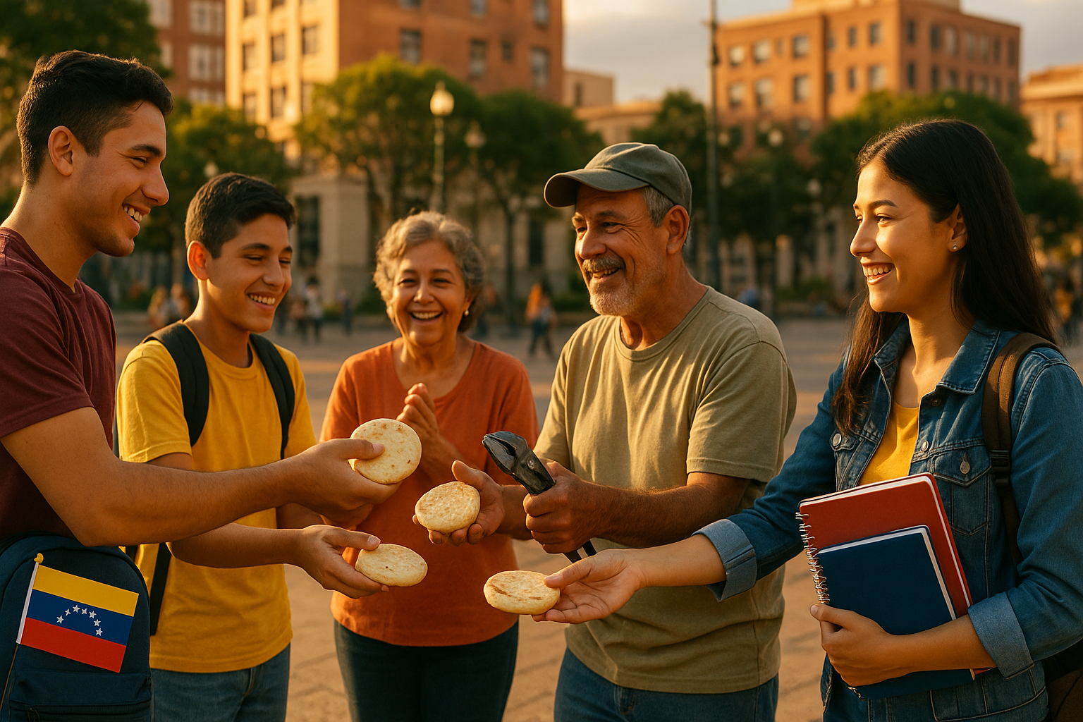 Venezolanos en la diáspora compartiendo alimentos y servicios en un encuentro comunitario al aire libre