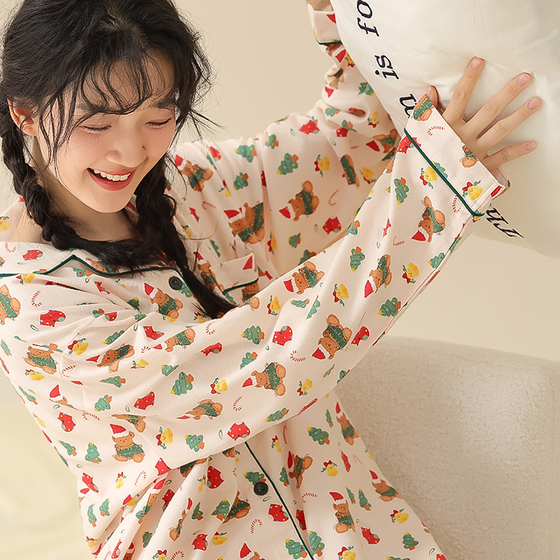 Women's cotton pajama set, long-sleeved, with lapel collar