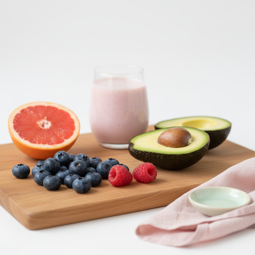 Nahaufnahme eines Schneidebretts mit Blaubeeren, Himbeeren, aufgeschnittener Zitrusfrucht und Avocado, cremiger Smoothie im Hintergrund – Obst gegen brüchige Nägel