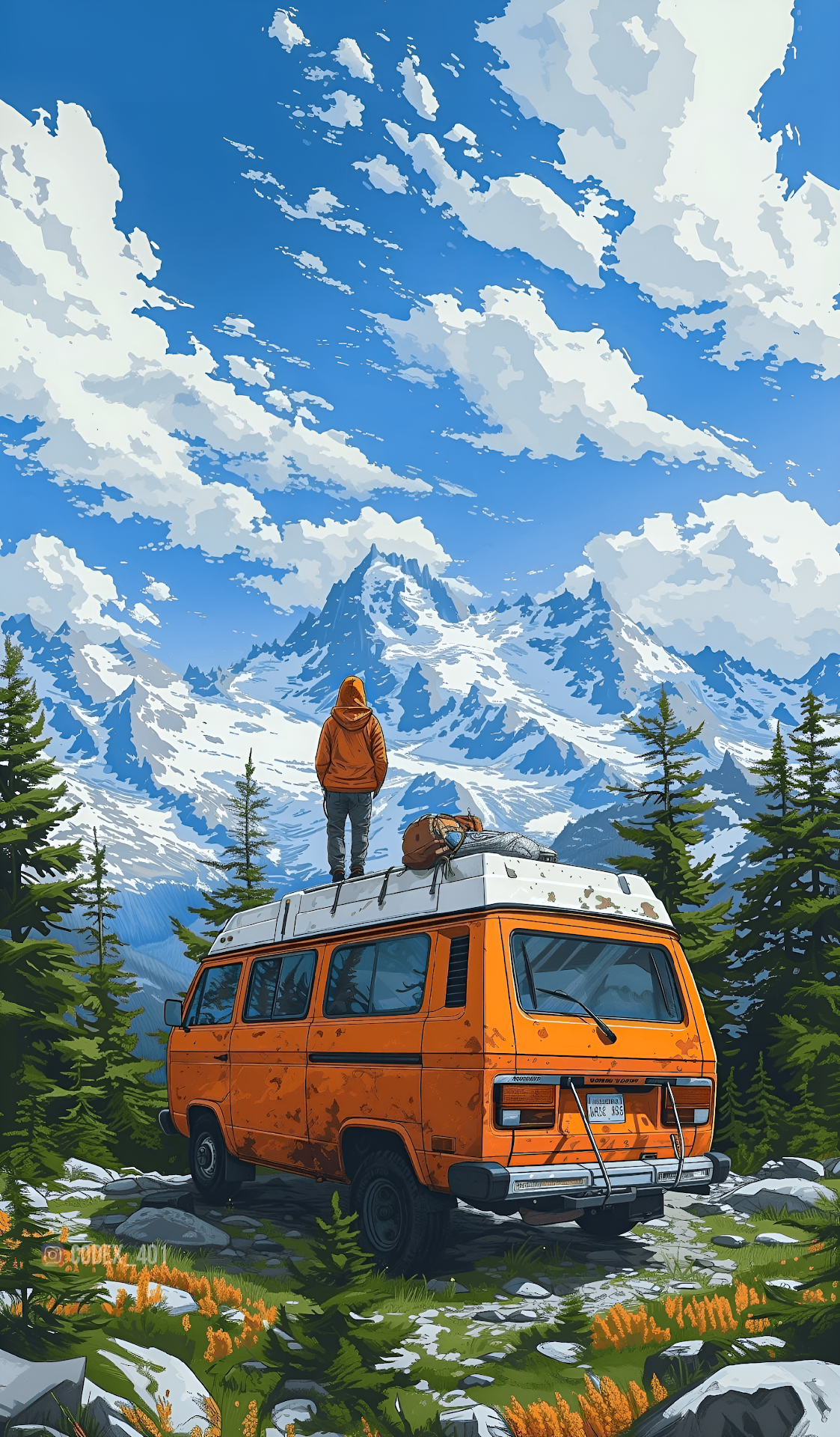 Solo Traveler on Camper Van Roof Gazing at Snowy Peaks - Free 4K mobile Wallpaper