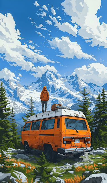 Solo Traveler on Camper Van Roof Gazing at Snowy Peaks - Free mobile Wallpaper
