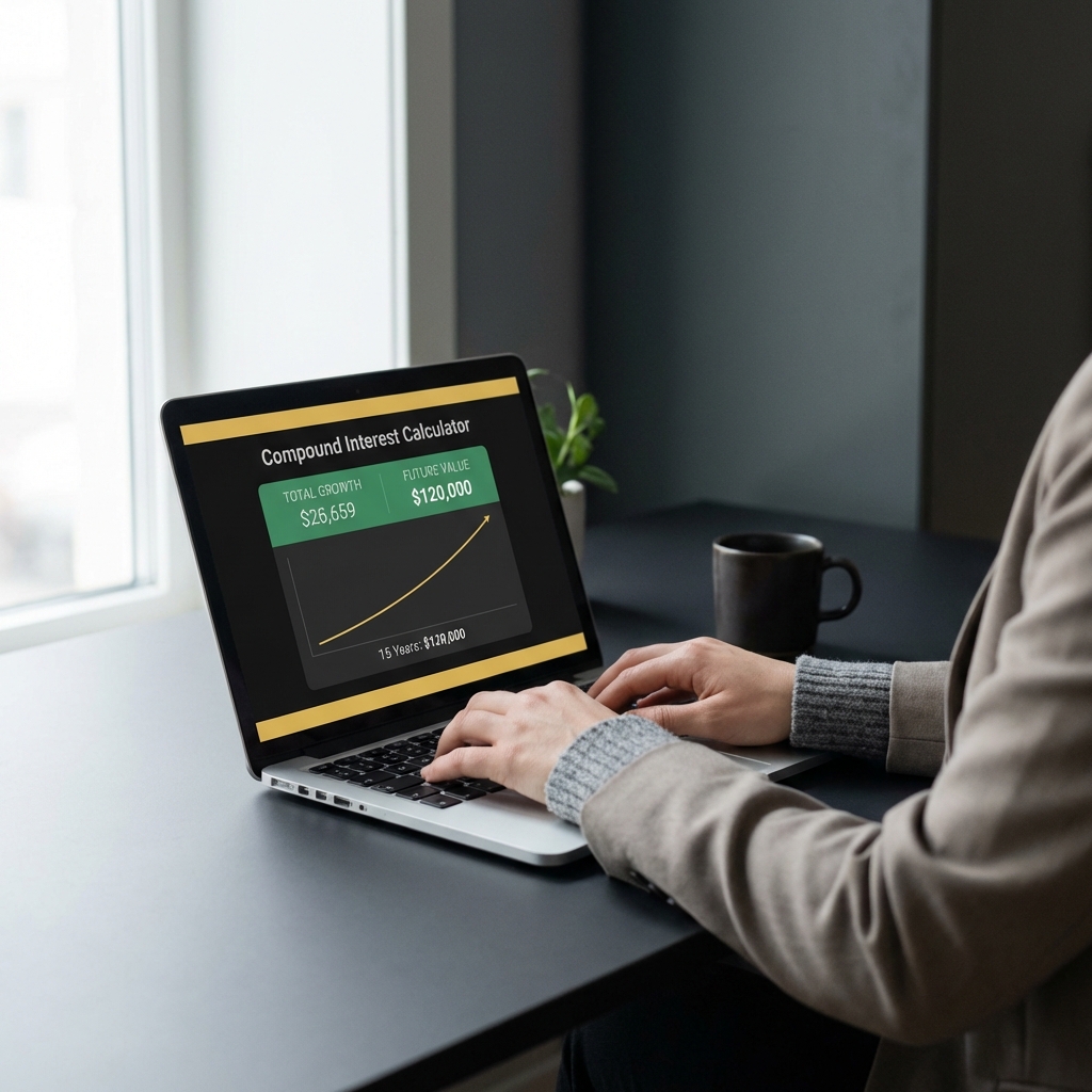 Person using laptop with compound interest calculator and growth chart on screen illustrating how to start stocks in a minimalist Finance Police style