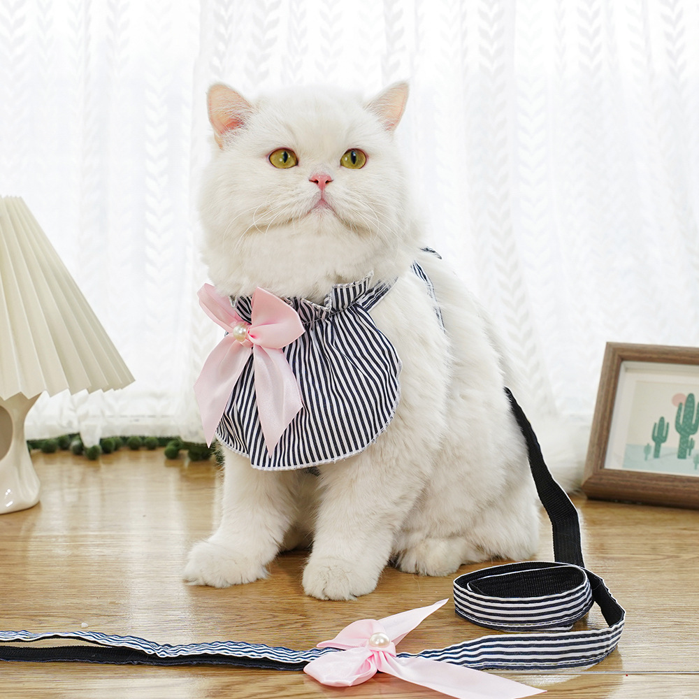 Dog harness with leash, polyester, blue striped