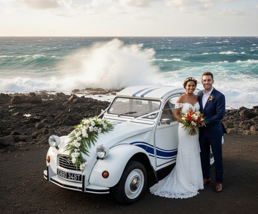 2CV blanche décorée de fleurs pour un mariage