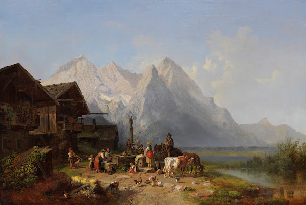 Gebirgsdorf mit Brunnen Im Hintergrund das Wettersteingebirge 1850 60