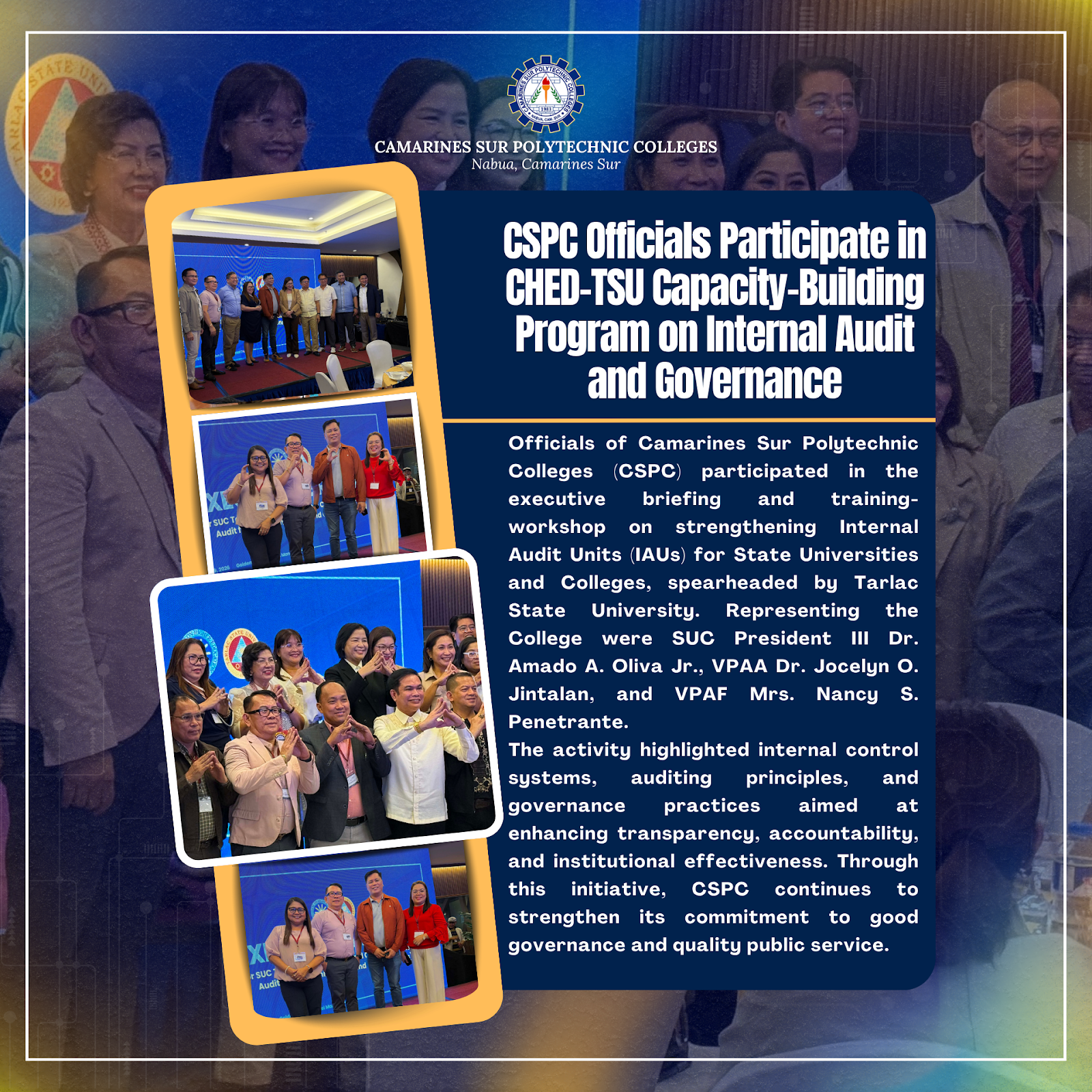 𝗖𝗦𝗣𝗖 𝗢𝗳𝗳𝗶𝗰𝗶𝗮𝗹𝘀 𝗣𝗮𝗿𝘁𝗶𝗰𝗶𝗽𝗮𝘁𝗲 𝗶𝗻 𝗖𝗛𝗘𝗗-𝗧𝗦𝗨 𝗖𝗮𝗽𝗮𝗰𝗶𝘁𝘆-𝗕𝘂𝗶𝗹𝗱𝗶𝗻𝗴 𝗣𝗿𝗼𝗴𝗿𝗮𝗺 𝗼𝗻 𝗜𝗻𝘁𝗲𝗿𝗻𝗮𝗹 𝗔𝘂𝗱𝗶𝘁 𝗮𝗻𝗱 𝗚𝗼𝘃𝗲𝗿𝗻𝗮𝗻𝗰𝗲