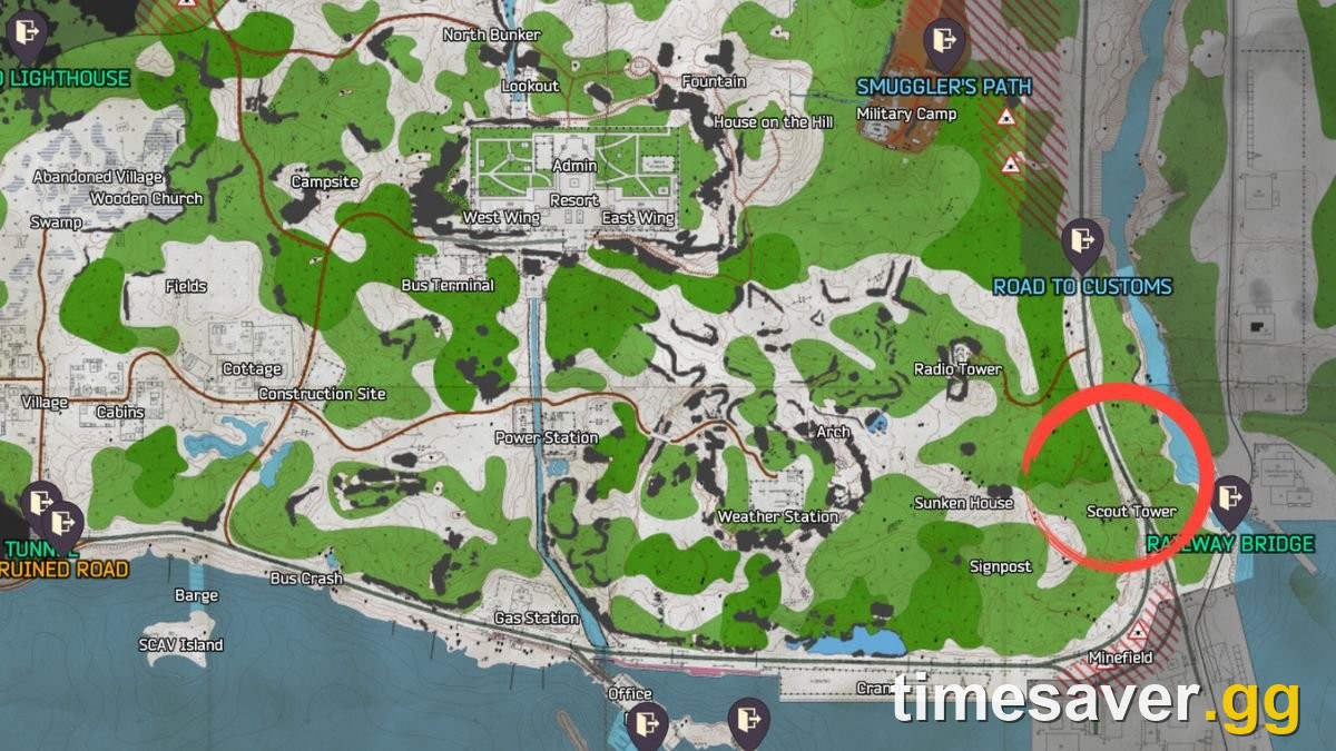 Annotated Shoreline map showing the transit entrance to the Terminal port in Escape from Tarkov