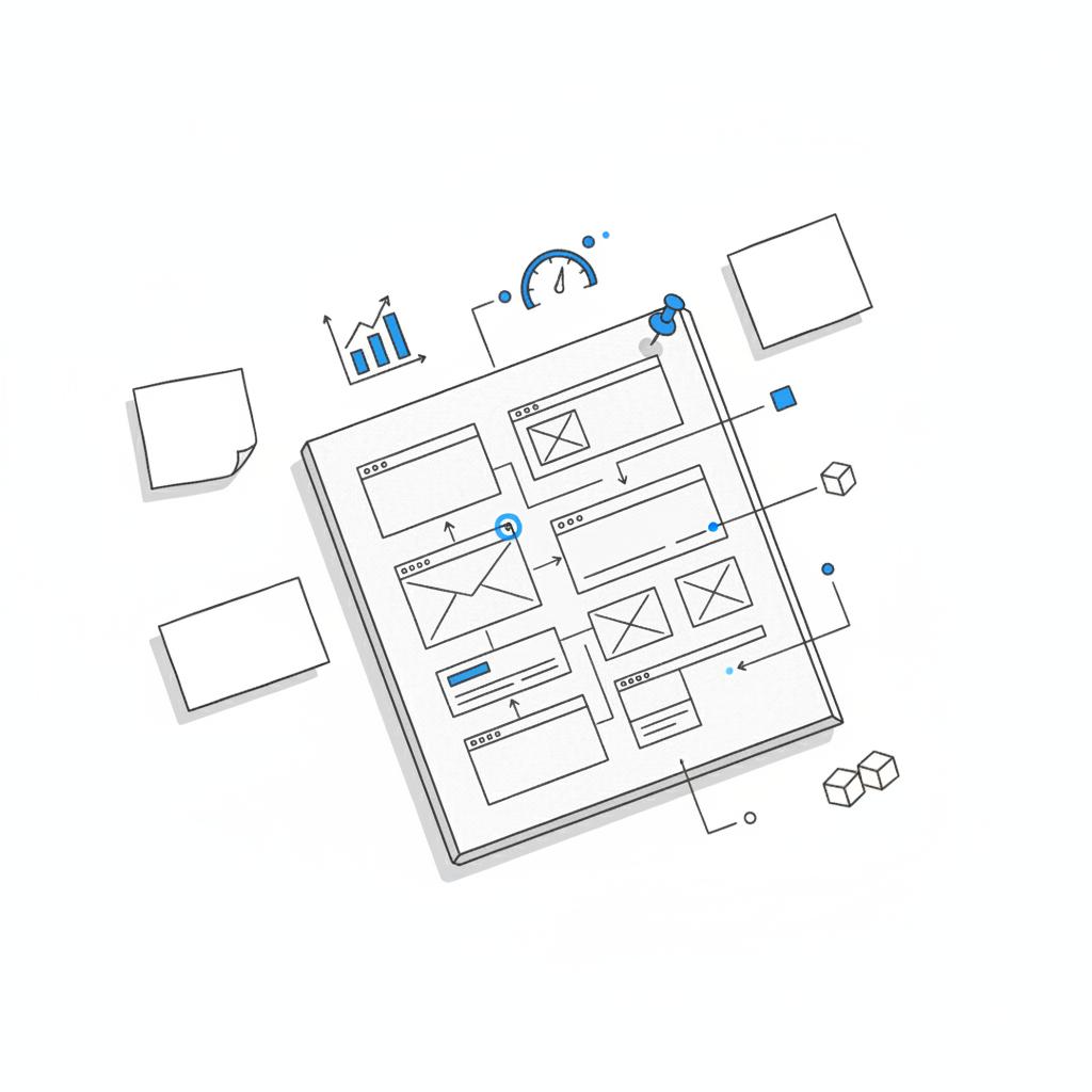 2D vector top-down close-up of wireframe sketches and sticky notes on a white desk with analytics and speedometer icons and page boxes, planning for How much does it cost to hire a designer to build a website?