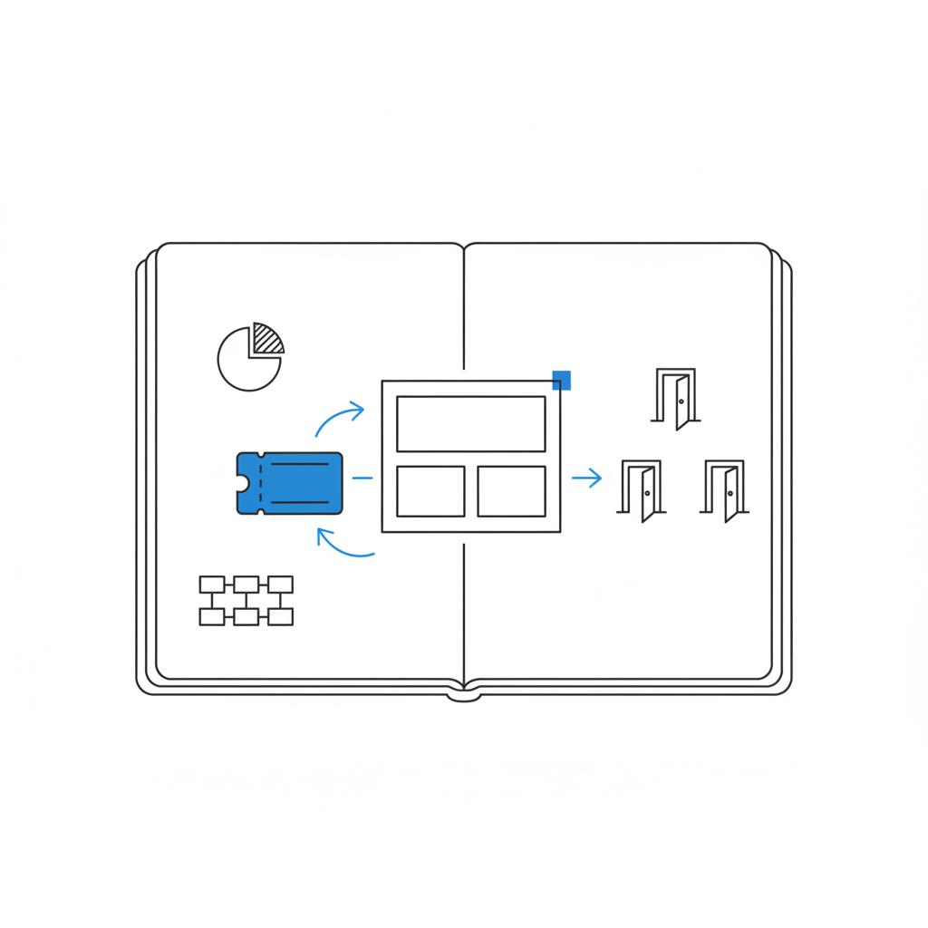 Minimal vector notebook spread with sketches of a local-deal flow: coupon, landing-page wireframe, arrows to foot-traffic icons&mdash;visualizing downsides of Nextdoor