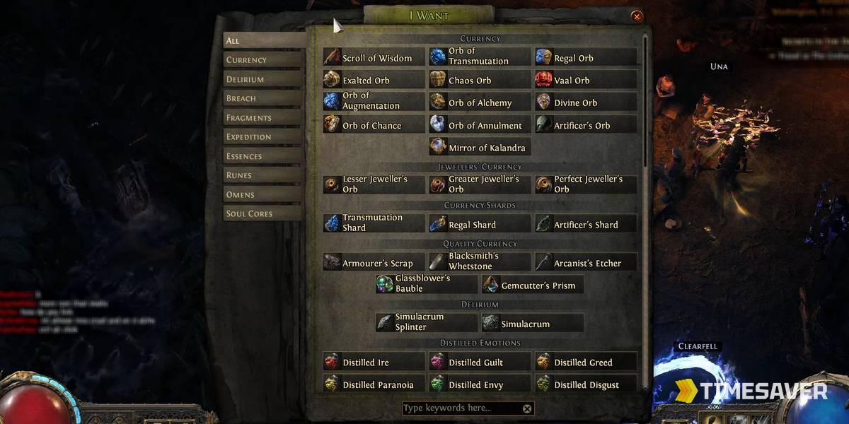 PoE2 Currency Exchange menu showing the Orb of Alchemy among currency, with Transmutation/Regal/Artificer shards but no Alchemy Shard