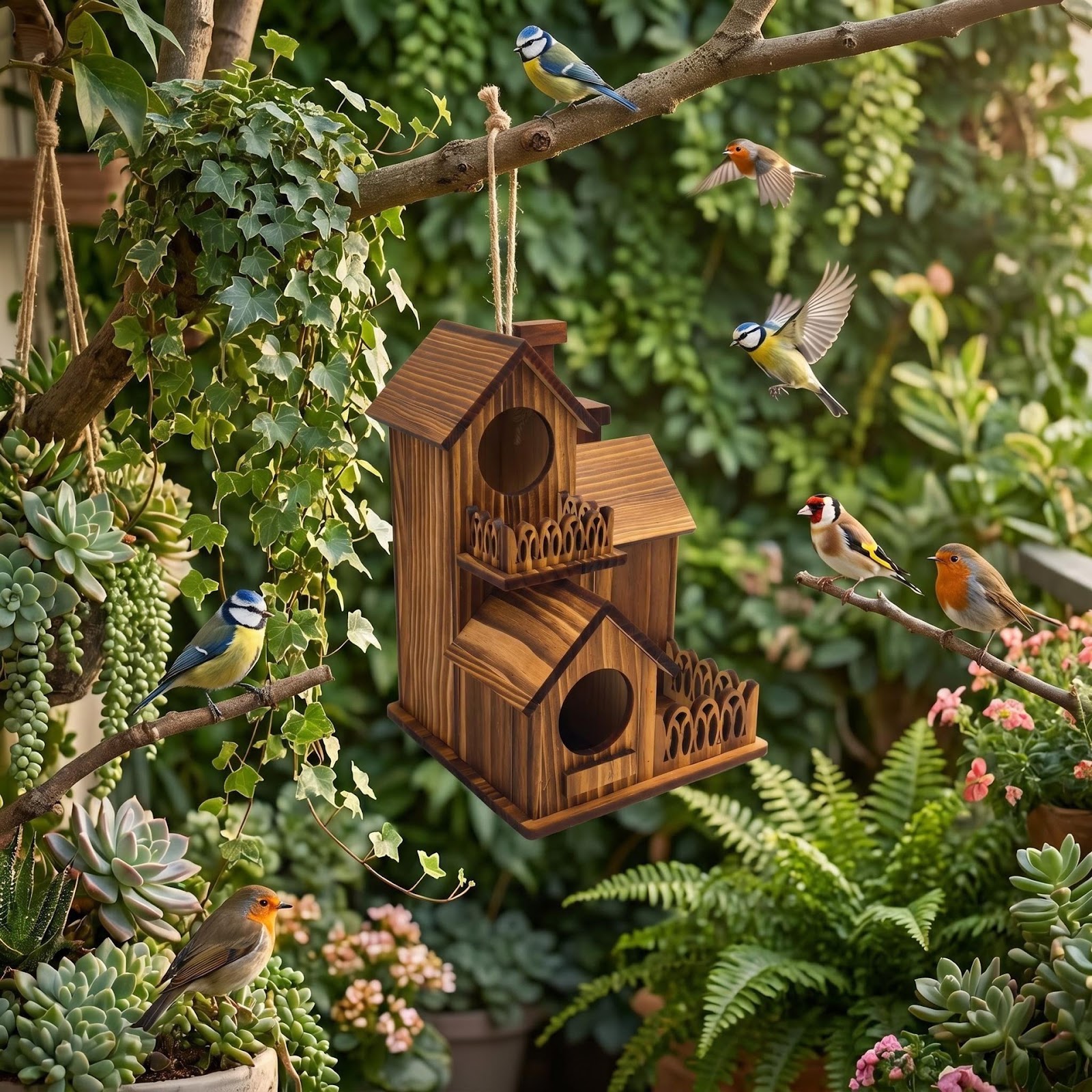 Wooden birdhouse for the garden, hanging