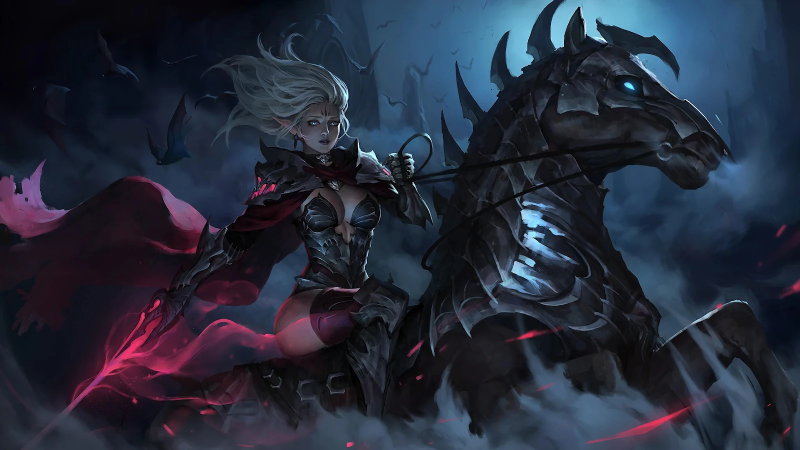 Dark Elf Warrior On Armored Horse - Digital Fantasy Illustration 4K Wallpaper (3840x2160)