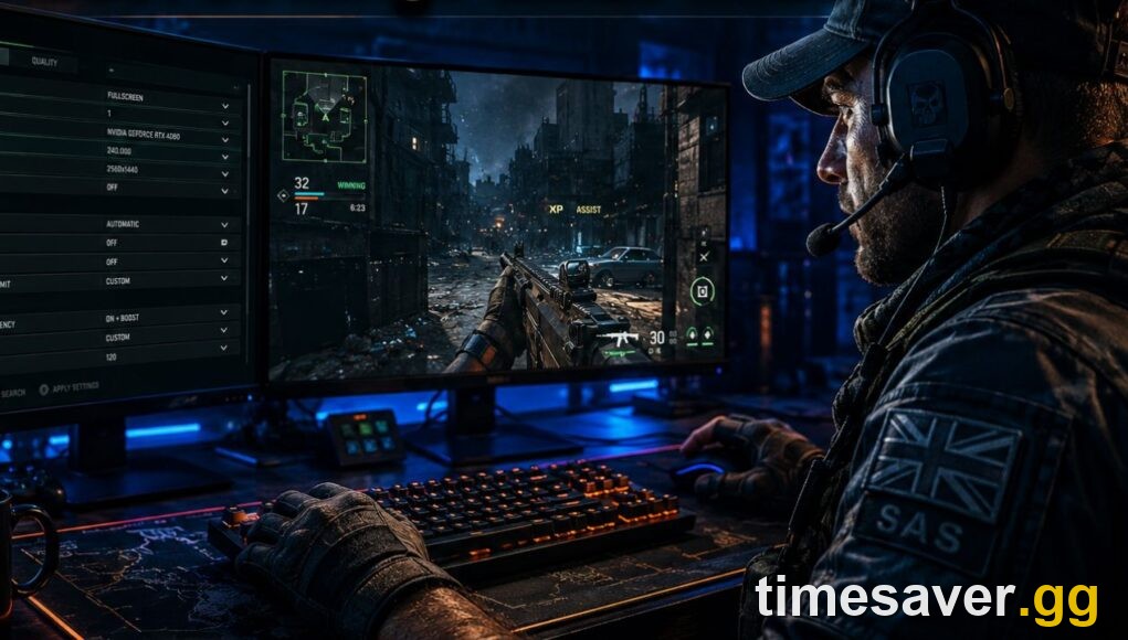 A PC player at a graphics settings screen showing Upscaling, NVIDIA Reflex On + Boost and a frame-rate cap — the settings used to claw back FPS in the Modern Warfare 4 beta