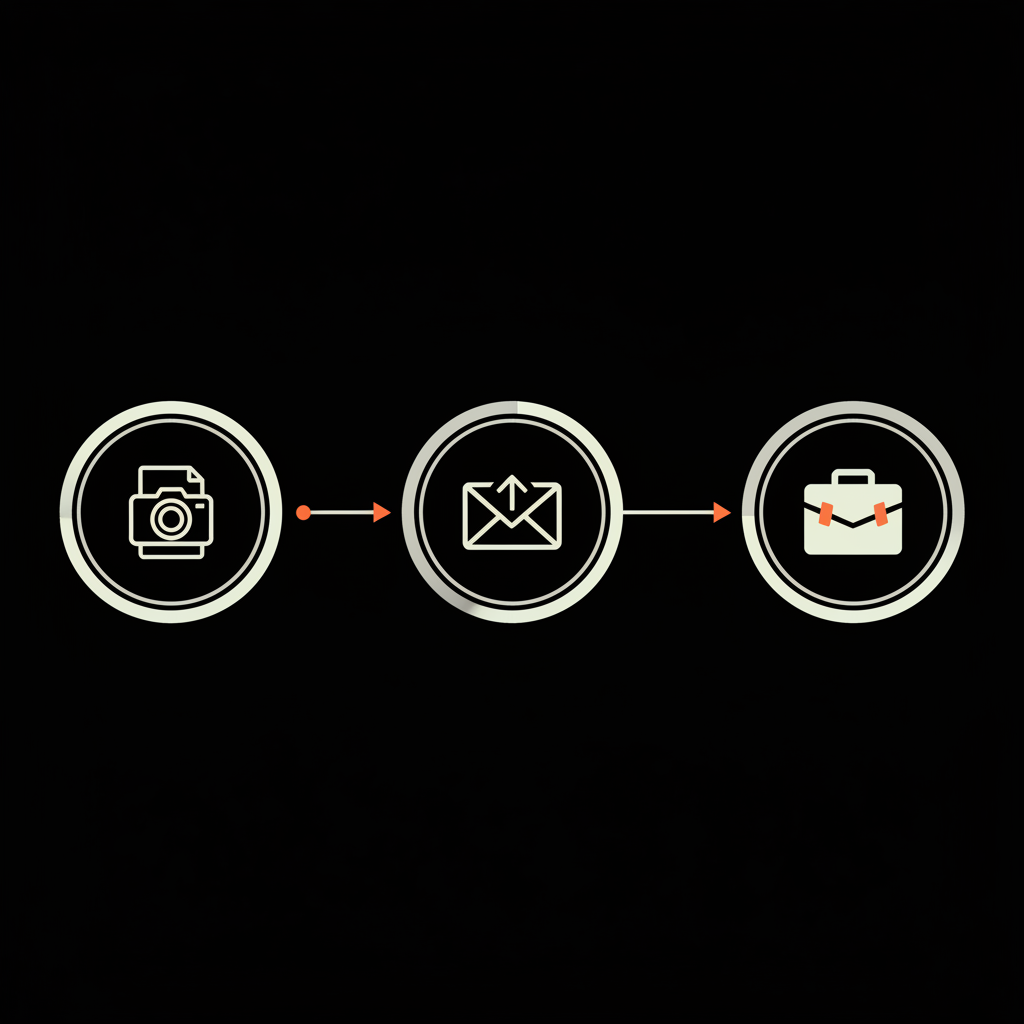 Minimal 2D vector process infographic for Instagram ban showing three icon steps: evidence capture, appeal submission, business escalation on black background