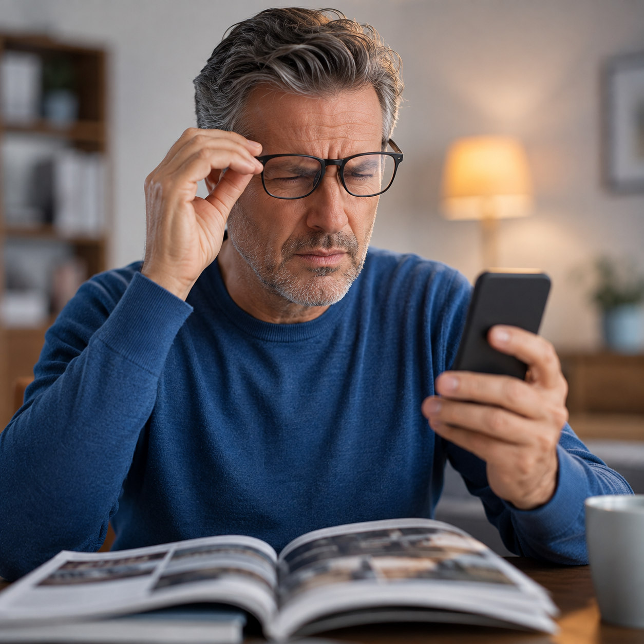 Adult over 40 holding a phone at arm’s length — presbyopia
