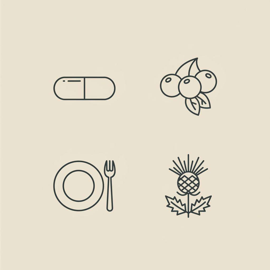 Minimal Tonum-style line illustration of a capsule, small plate with fork, berry cluster and milk thistle on beige background — Are Herbalife products healthy