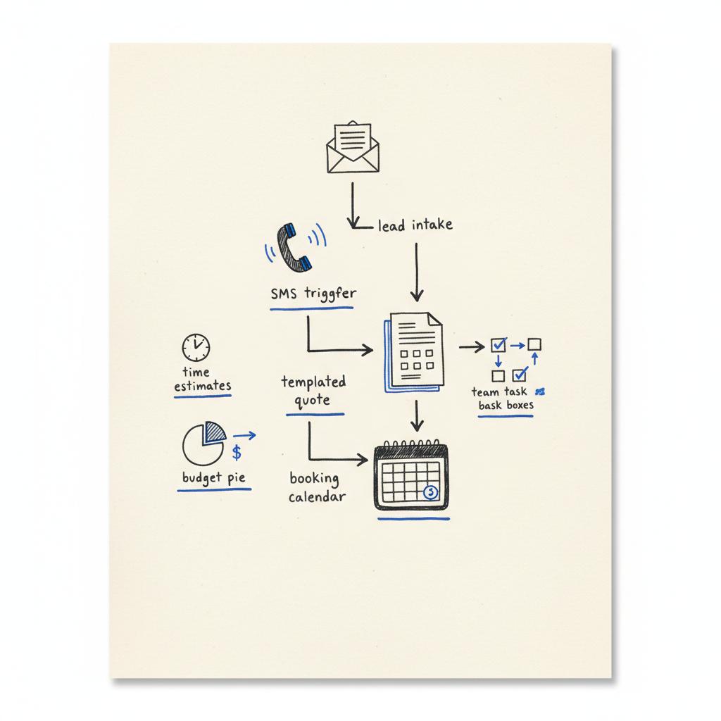 Notebook-style workflow sketch showing lead intake, SMS trigger, templated quote and booking calendar for how do landscapers get leads