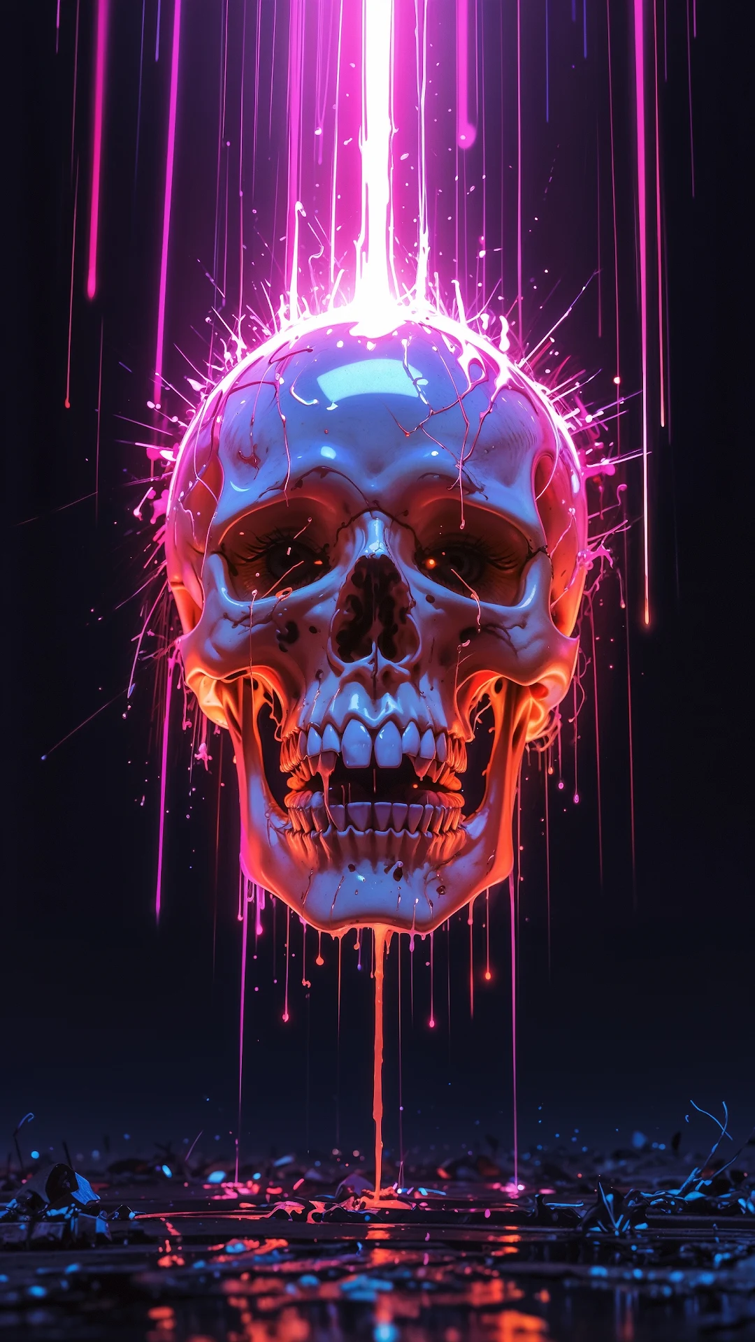 Neon Glitch Skull with Pink Light Beams - Free 4K mobile Wallpaper