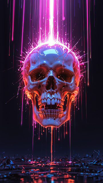 Neon Glitch Skull with Pink Light Beams - Free mobile Wallpaper