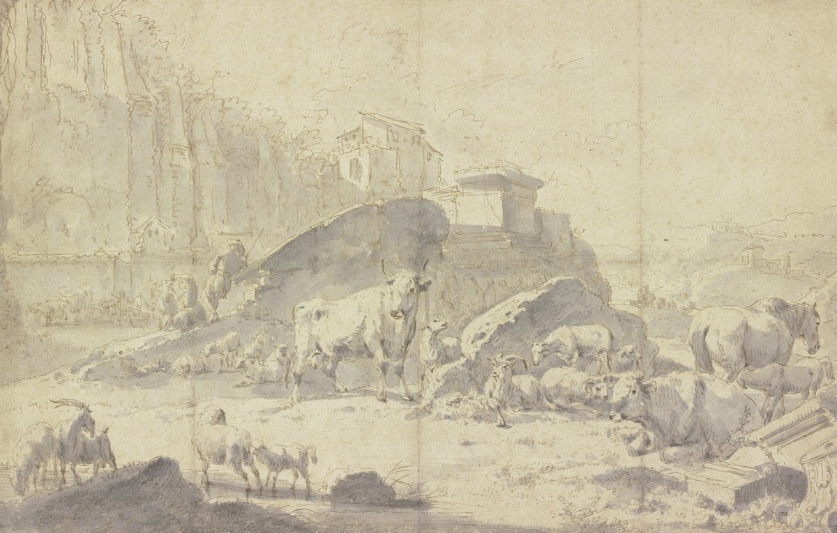Herde von Ziegen Schafen Kühen und Pferden in einer italienischen Berglandschaft