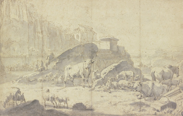 Herde von Ziegen Schafen Kühen und Pferden in einer italienischen Berglandschaft
