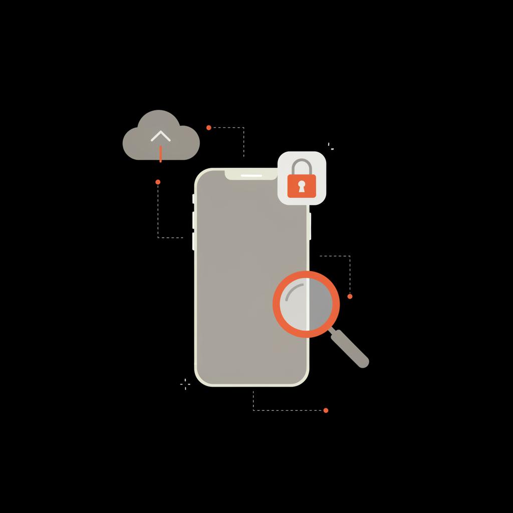 Minimal 2D vector infographic on black background showing an iPhone with lock icon, cloud backup and forensic magnifier in brand colors for WhatsApp recovery.