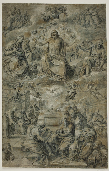 Striden over det hellige sakramente med treenigheden svævende i skyen