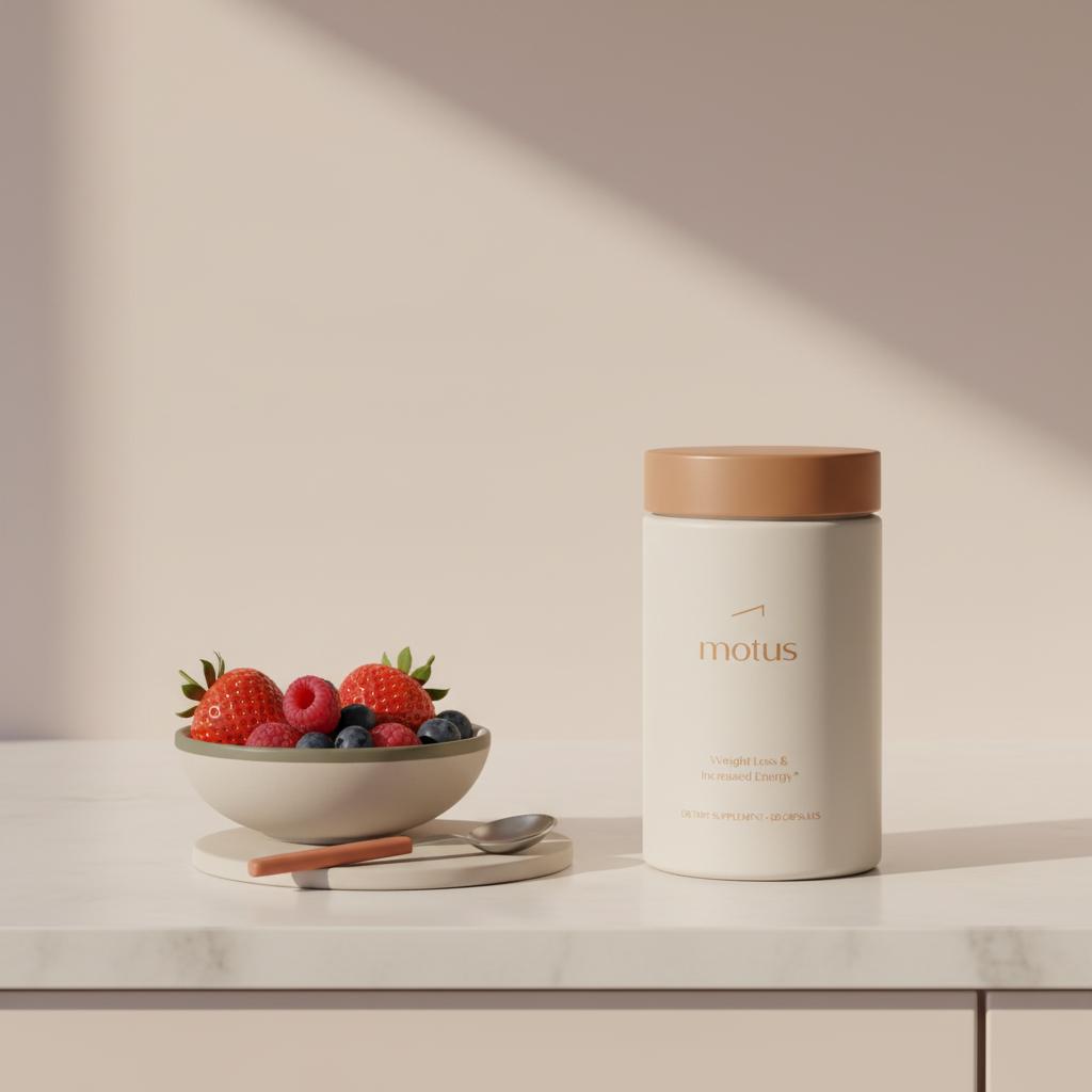 What weight loss medication does not require a prescription? Motus container on a minimalist kitchen counter beside a small bowl of mixed berries and a measuring spoon, Tonum brand accents.
