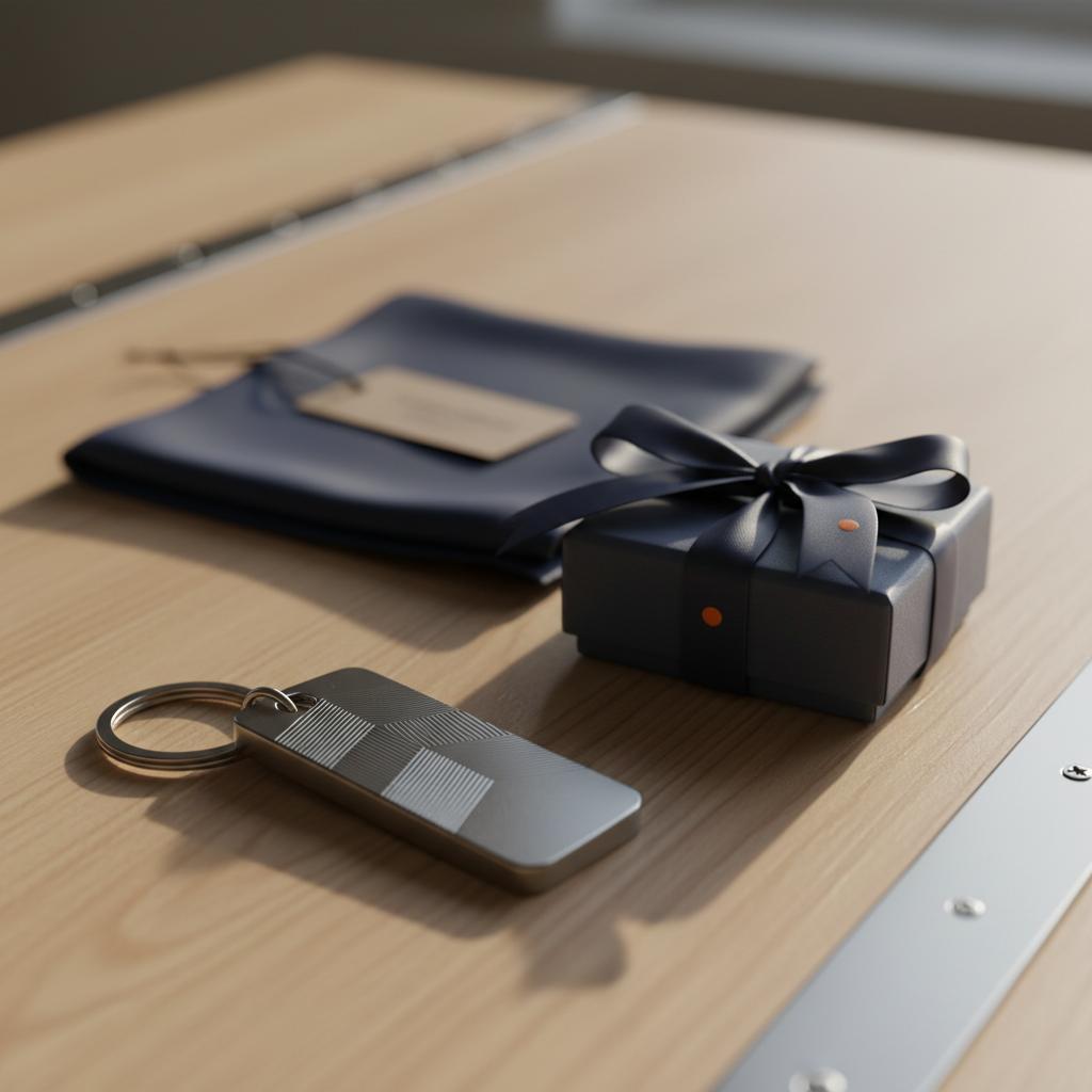 Nahaufnahme von Gravur‑Schlüsselanhänger, Geschenkbox mit Seidenband und Mikrofasertuch auf Holztisch – geschenkideen führerschein bestanden, minimalistisch, warme Beleuchtung