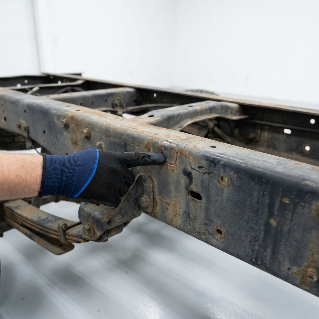 Close up of truck frame rail with mild surface rust and mechanic pointing to inspection spot on a used Tundra for used tundras for sale