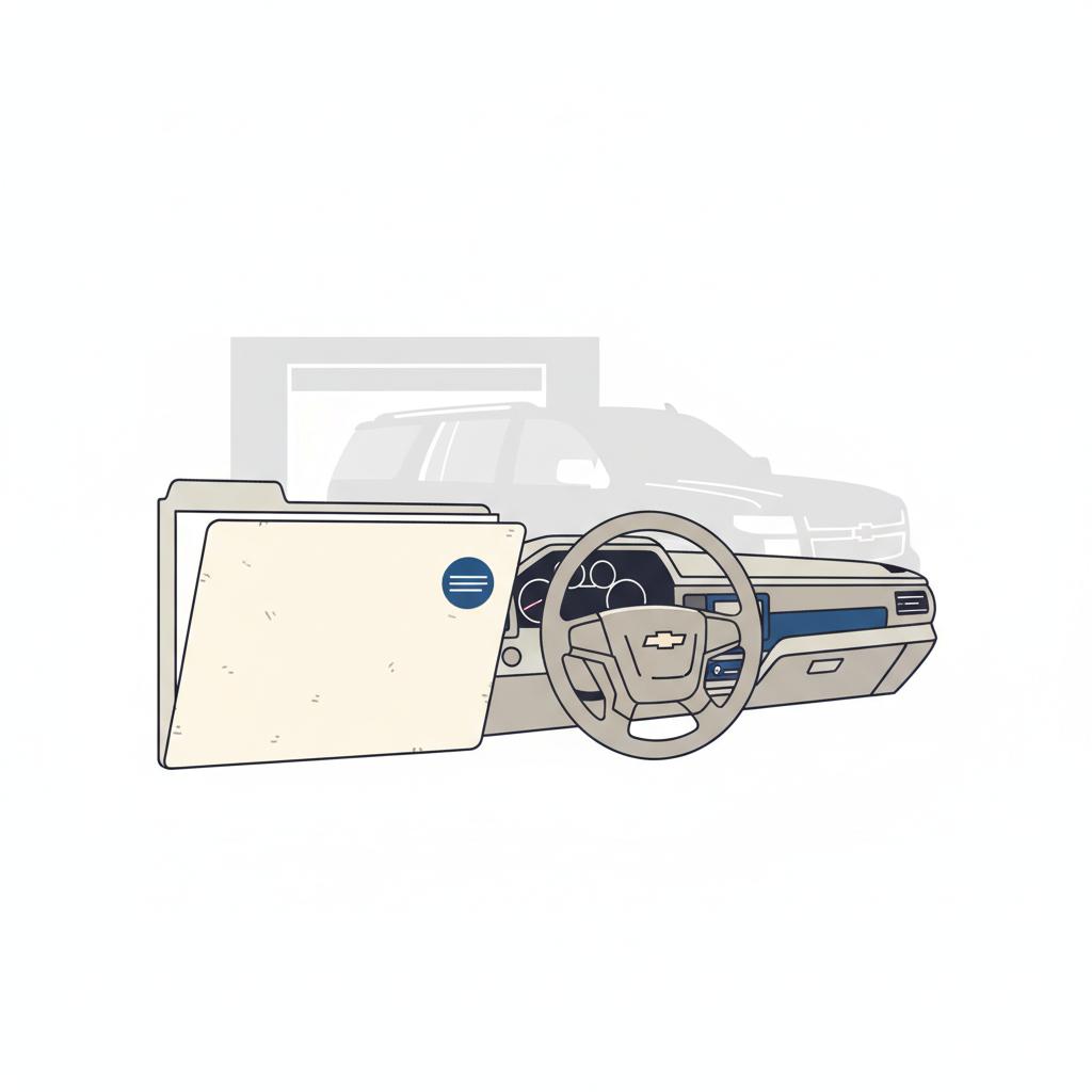 Which Chevrolet car holds its value best minimalist vector tidy garage showing a service folder with blue sticker beside a clean Chevy dashboard and a Tahoe silhouette