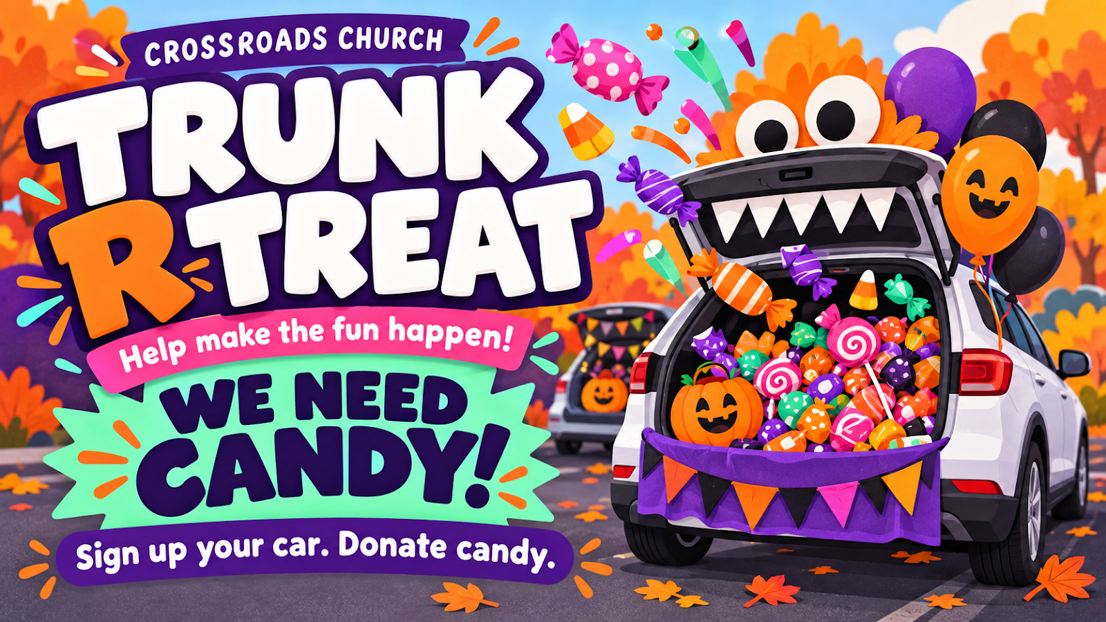 Trunk R Treat: Help make the fun happen! We need candy! Sign up your car. Donate candy. A brightly decorated car trunk is filled with candy.