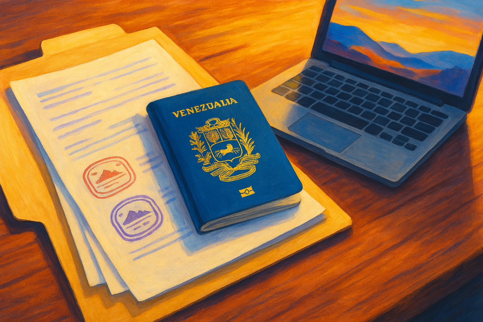 Carpeta de trámites y pasaporte sobre mesa, apostilla y documentos para migración venezolana
