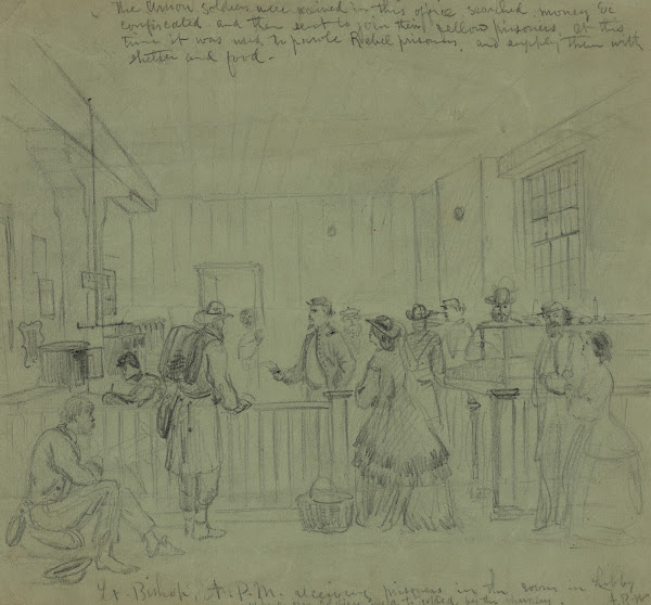 Lt Bishop APM receiving prisoners in the room in Libby where our soldiers used t