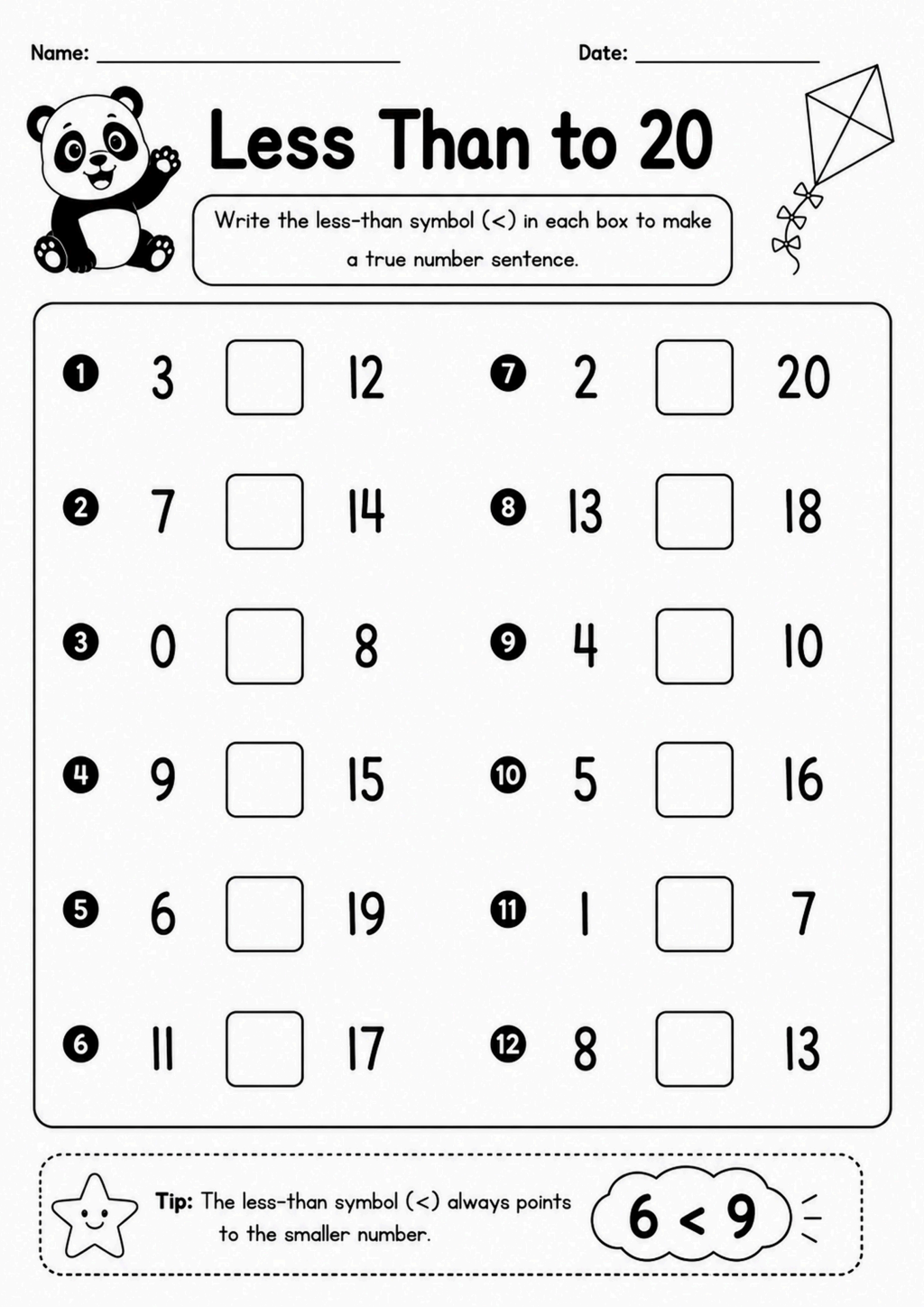 Less Than to 20 Worksheet