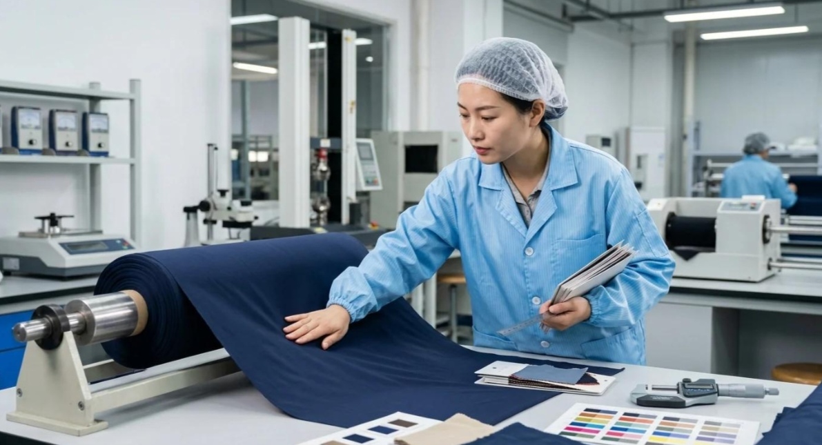 Close-up of a buyer inspecting fabric stitching and seams on a sportswear sample