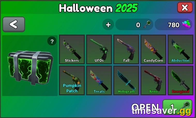 The Murder Mystery 2 Halloween 2025 in-game mystery box, showing the seasonal godly pool — UFOs, CandyCorn, Abduction, Xeno and more — reflecting that year's alien/UFO theme.