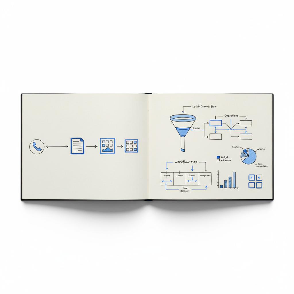 Top-down sketchbook page showing a contractor customer journey map with phone, estimate, and project gallery icons in brand colors for best contractor lead service