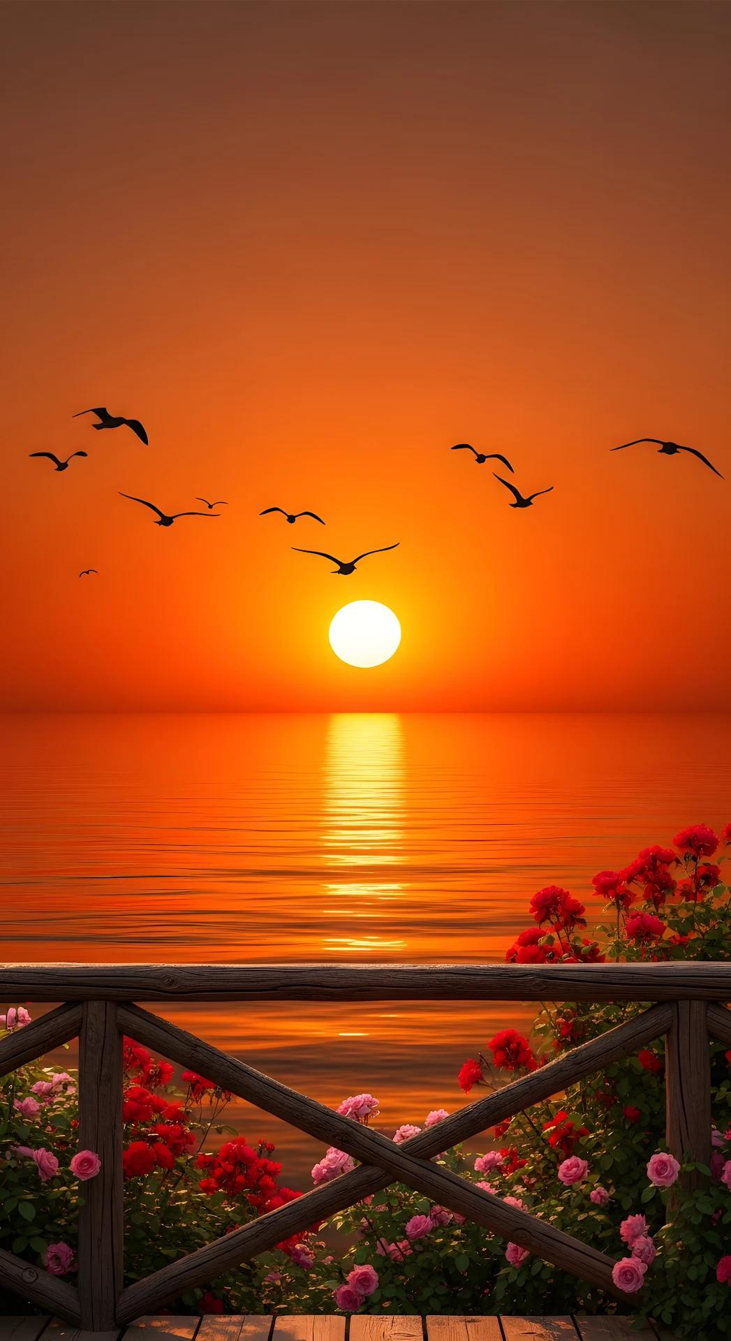 Flock of Seagulls Flying Over the Ocean During a Vivid Orange Sunset with Roses - Free 4K mobile Wallpaper