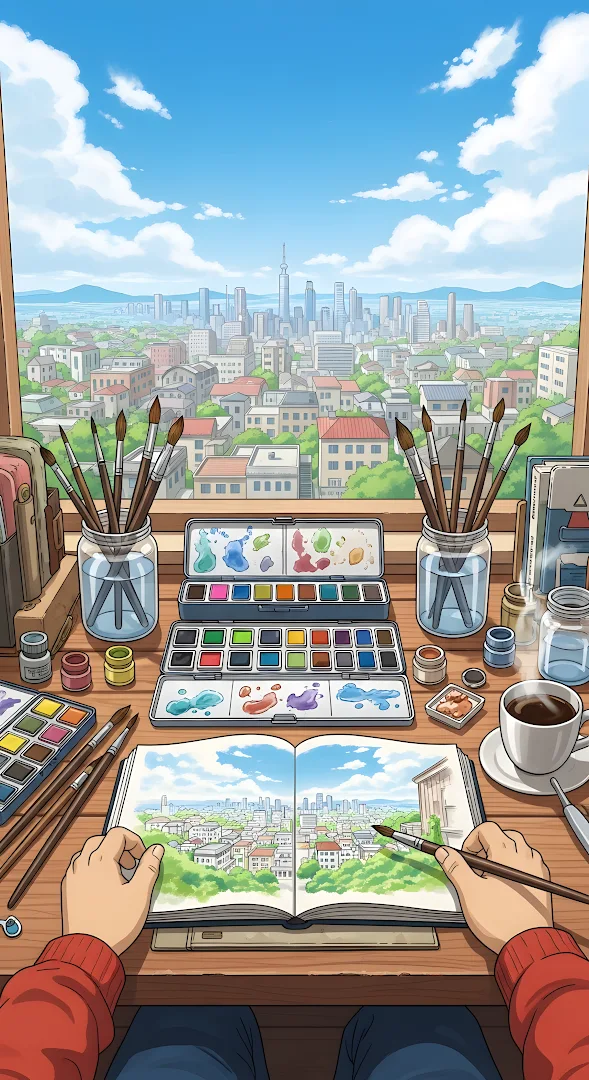 Artist Painting Cityscape View from Studio Window