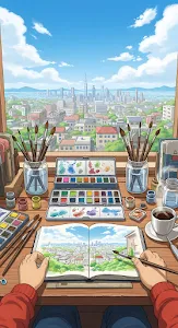 Artist Painting Cityscape View from Studio Window