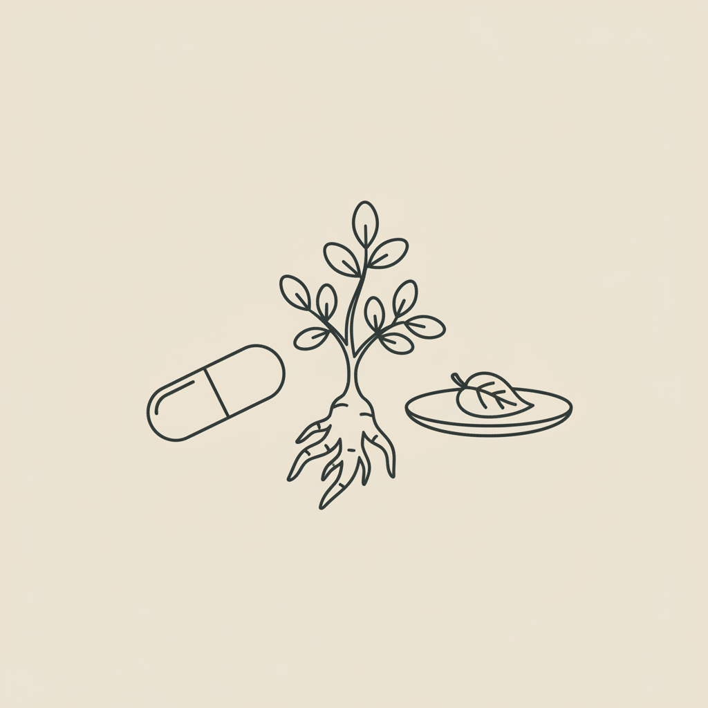 Minimalist Tonum-style line illustration of an ashwagandha sprig, a capsule, and a small plate with a leaf on beige background — ashwagandha for weight loss