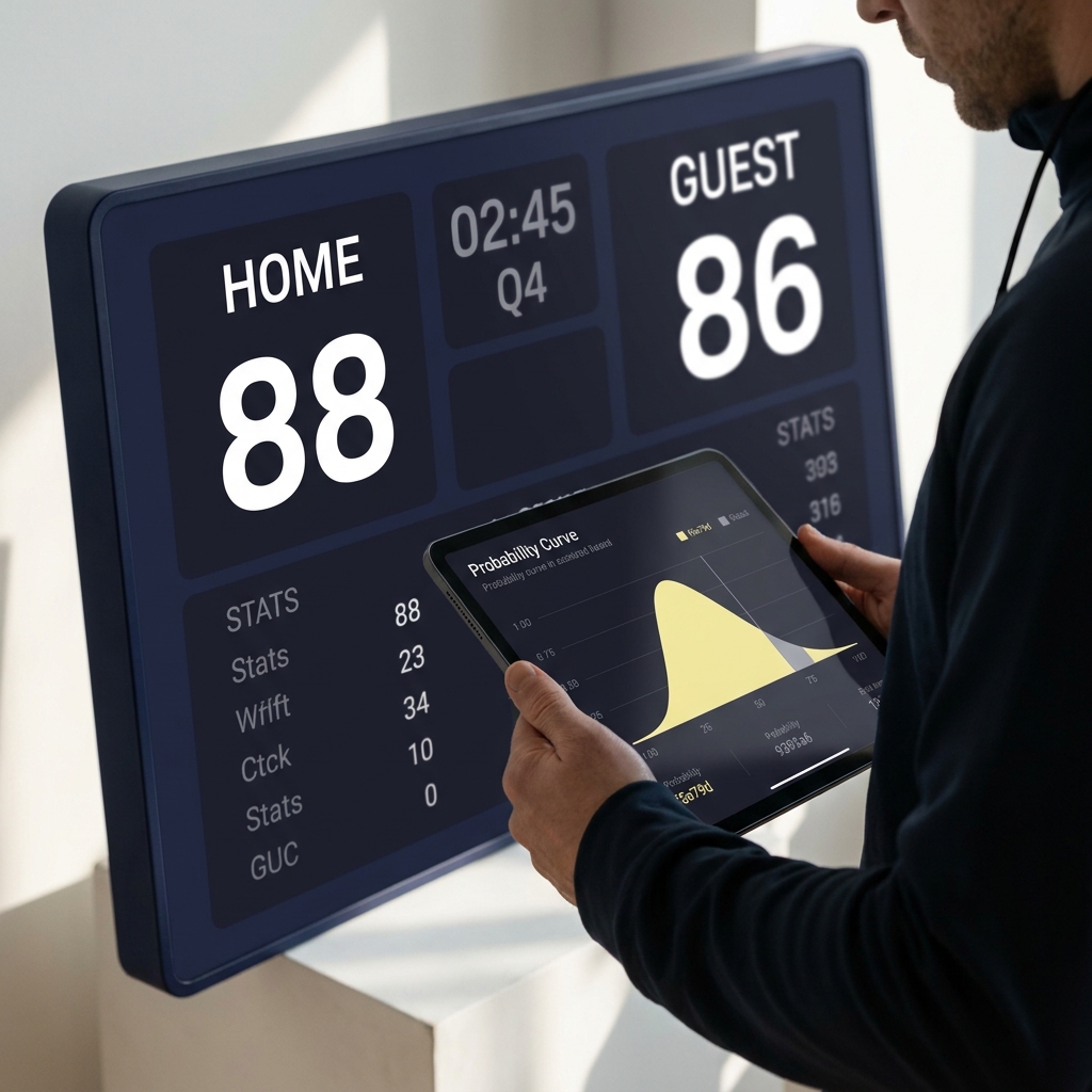 Close up of a sports scoreboard and a coach reviewing a tablet with probability curves showing How Game State Changes Fair Probability in a minimalist Funded Plays color palette