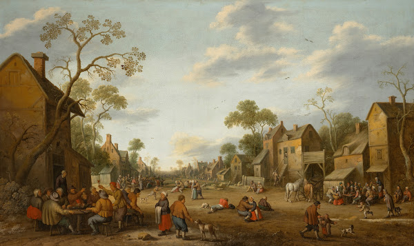 A village with figures gathered in the street eating drinking and embracing 1644