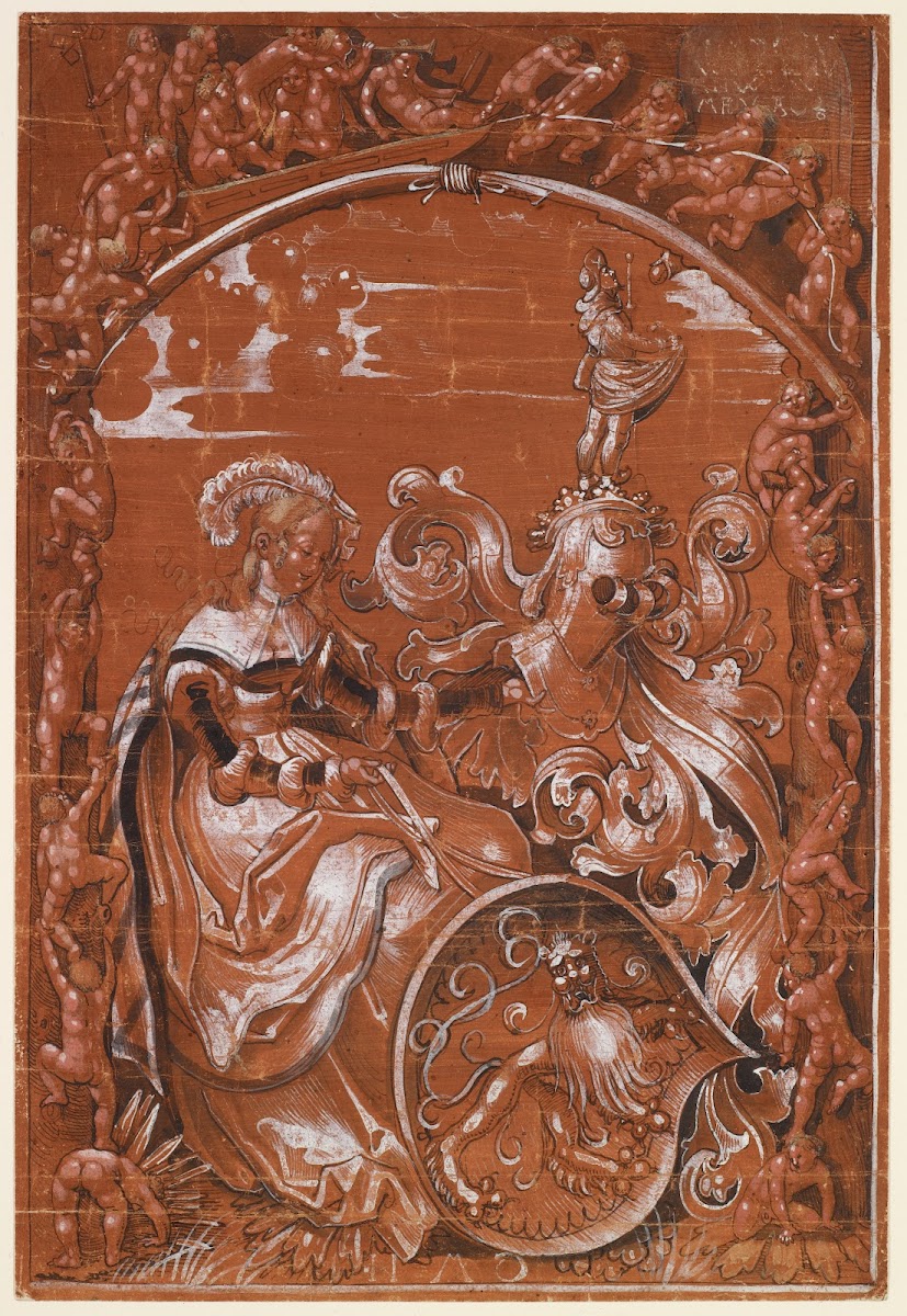 Scheibenriss mit sitzender Schildhalterin und Löwenwappen 1515