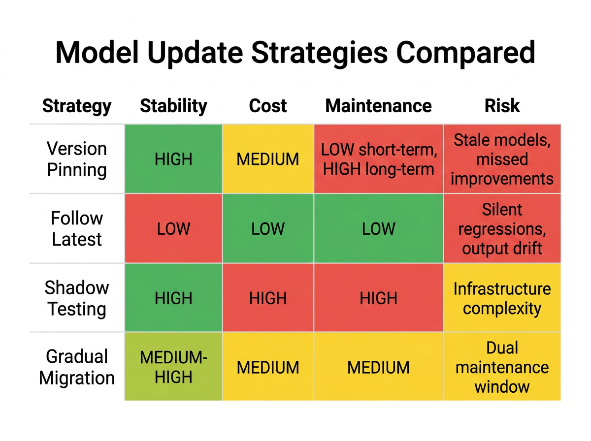 Comparison matrix of four model update strategies showing tradeoffs between stability, cost, maintenance, and risk