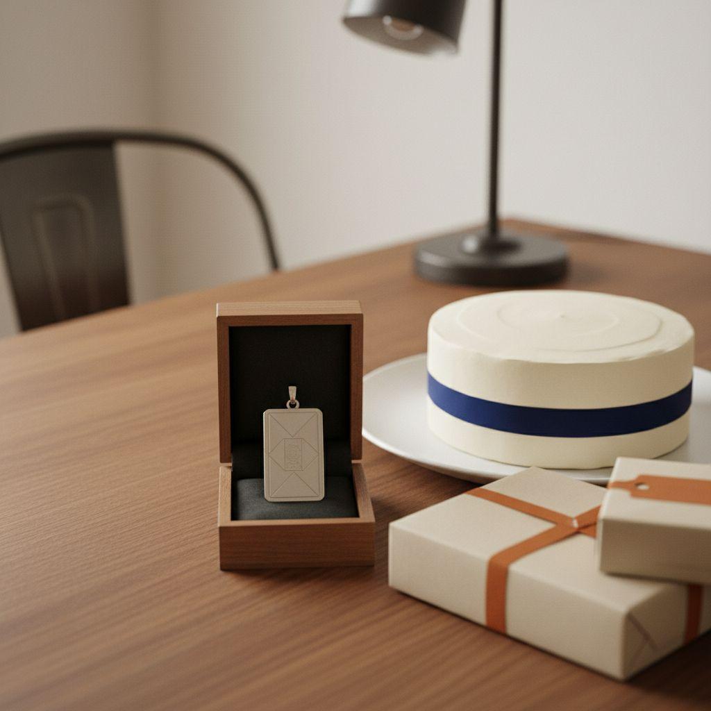 Detailaufnahme Esstisch mit Geschenkboxen, geöffneter Holzkiste mit graviertem Metallanhänger und schlichter Vanilletorte im warmen Licht – geschenke zur konfirmation junge